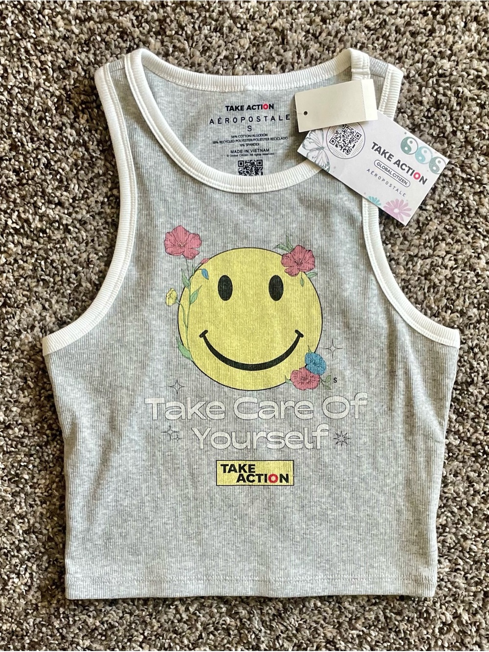 NWT Aeropostale Gray Ribbed Tank with Yellow Smiley Size Juniors Small